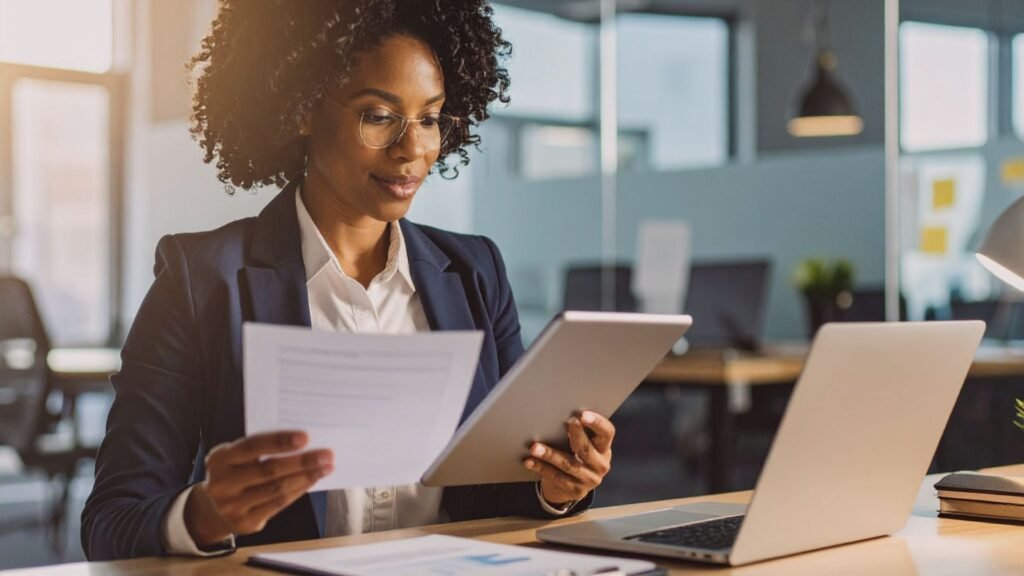 Equipe jurídica analisando documentos em escritório de advocacia